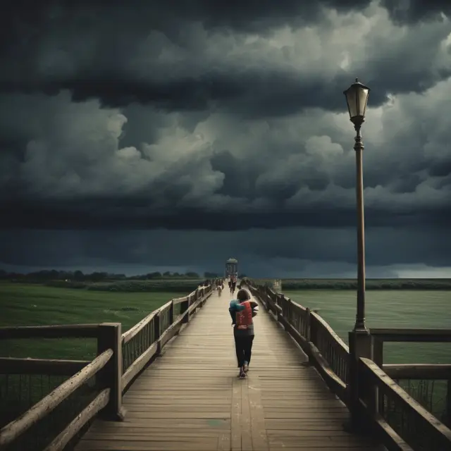 Donor transferring a gift on a bridge to beneficiary under an impending storm cloud, symbolizing the legal complexities of Gift Causa Mortis