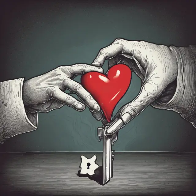 An ethereal hand releases a heart-shaped key to a living beneficiary, representing a conditional gift