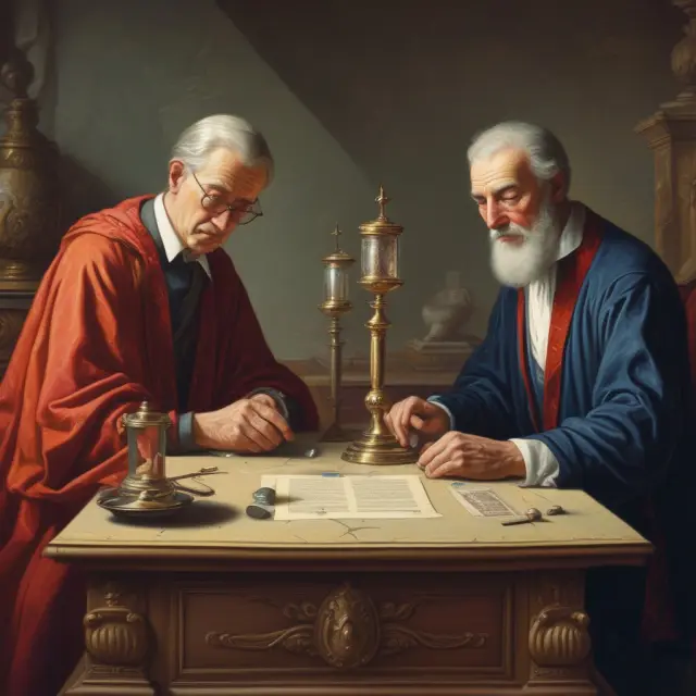 A donor consulting a legal professional about drafting a will and transferring an hourglass to a beneficiary, symbolizing the gift causa mortis