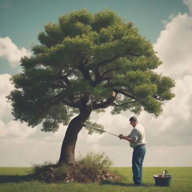 A gardener nurturing a delicate trust tree amidst challenges from estate taxes, beneficiary spending habits, and complex administration.