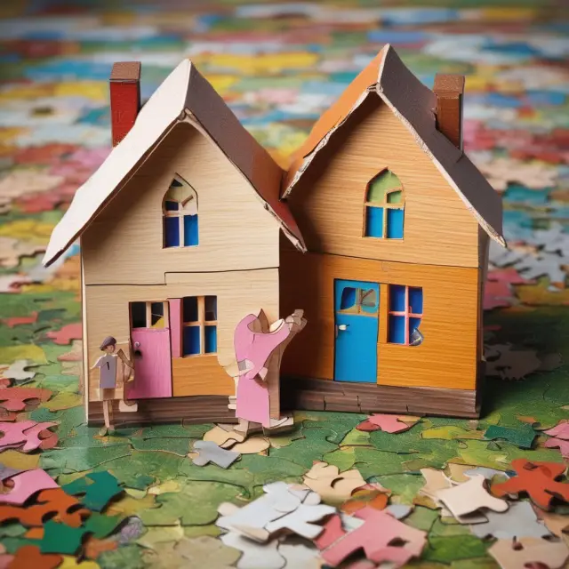 Two spouses collaborating on a jigsaw puzzle of a house, representing gift splitting with an annual exclusion limit of $34,000
