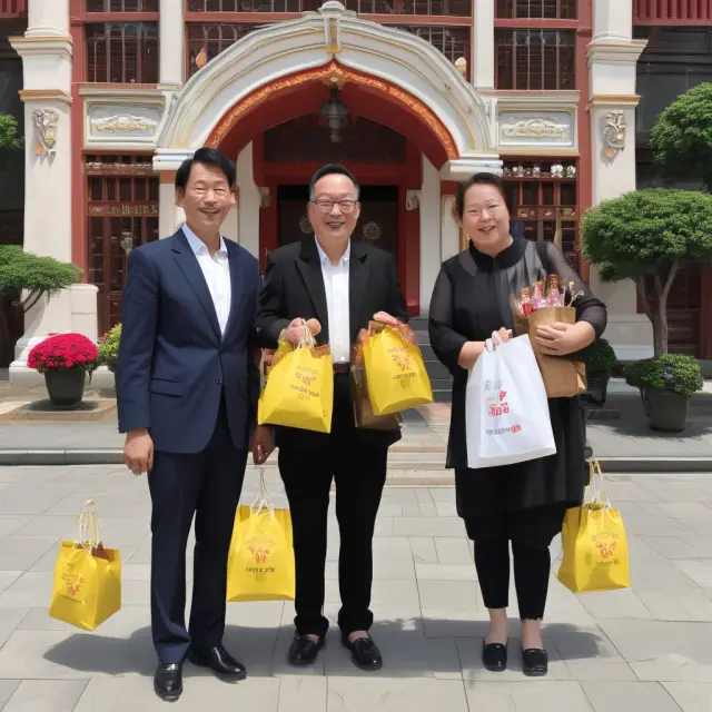 Harmonious married couple sharing dual gift bags overflowing with golden coins representing their combined $32,000 annual exclusion amount