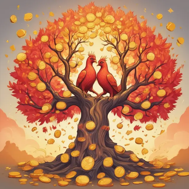 Two mythical Phoenixes united as a couple, sharing their flames to nourish a wealth-sharing tree with golden coins, symbolizing the power of gift splitting in estate planning