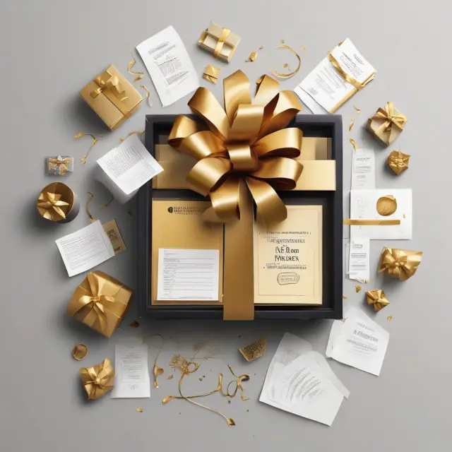 An image of an IRS agent meticulously sorting through a box filled with golden gift boxes, representing annual exclusions and the lifetime exemption limit.