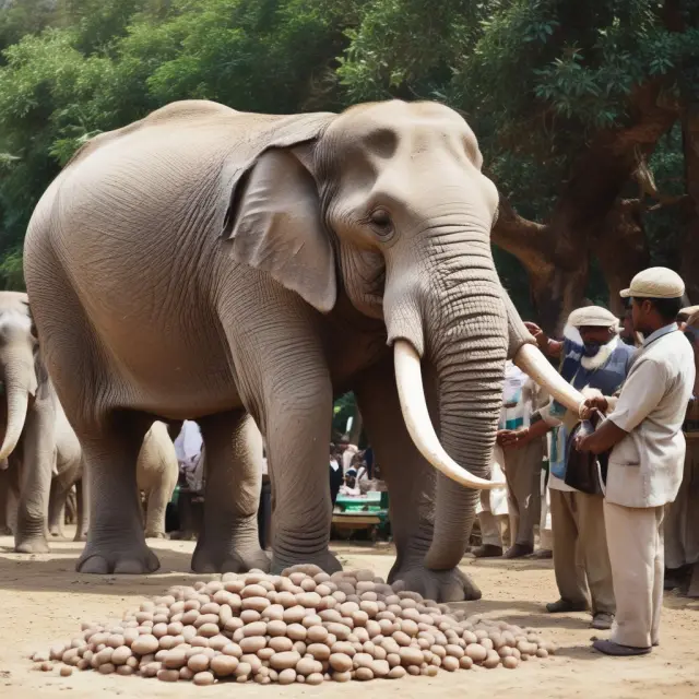 An elephant, representing institutional investors, carefully allocating pebbles among its herd, illustrating strategic gifting and minimizing taxes