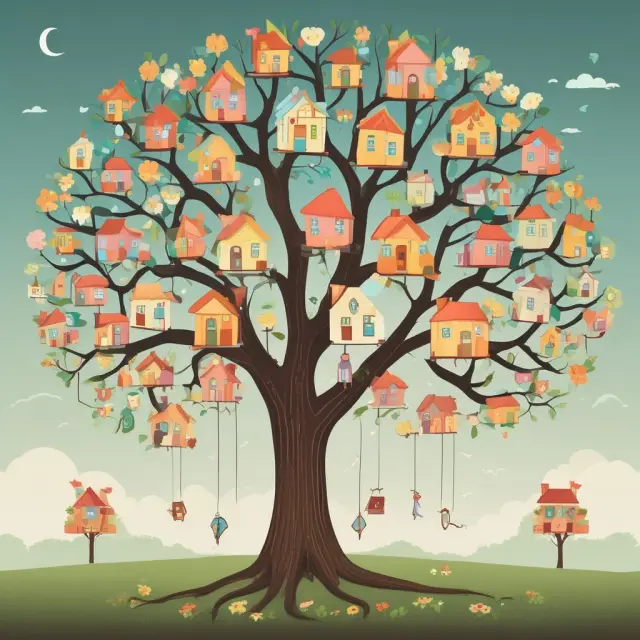Family tree with houses growing from branches, symbolizing the gifting of home equity between generations