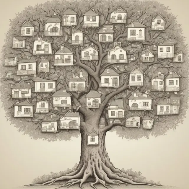 A family tree with branches forming houses, illustrating how a gift of equity enables buyers to purchase homes through support from family members.