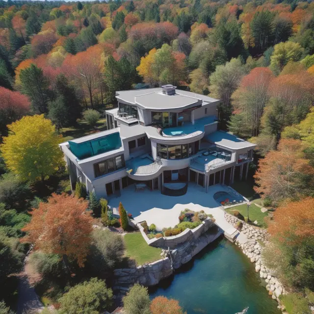 A tranquil pond surrounded by houses, a ripple spreading from one home as it