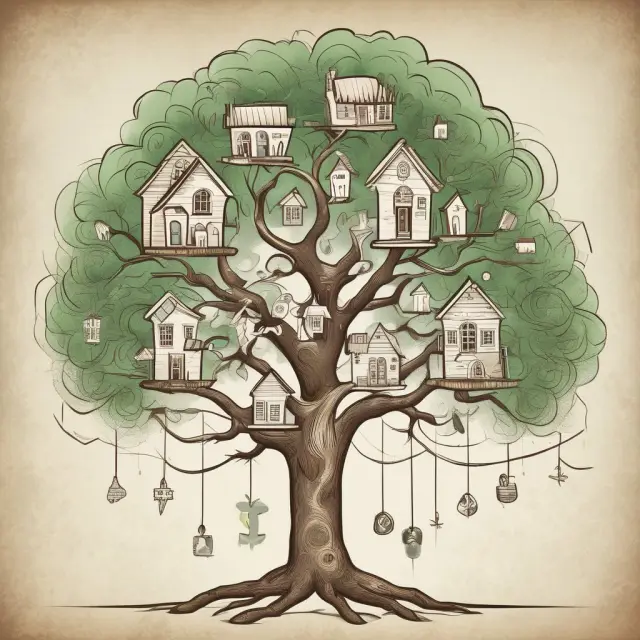 Family tree illustrating a house exchange between loved ones with a dollar sign representing equity