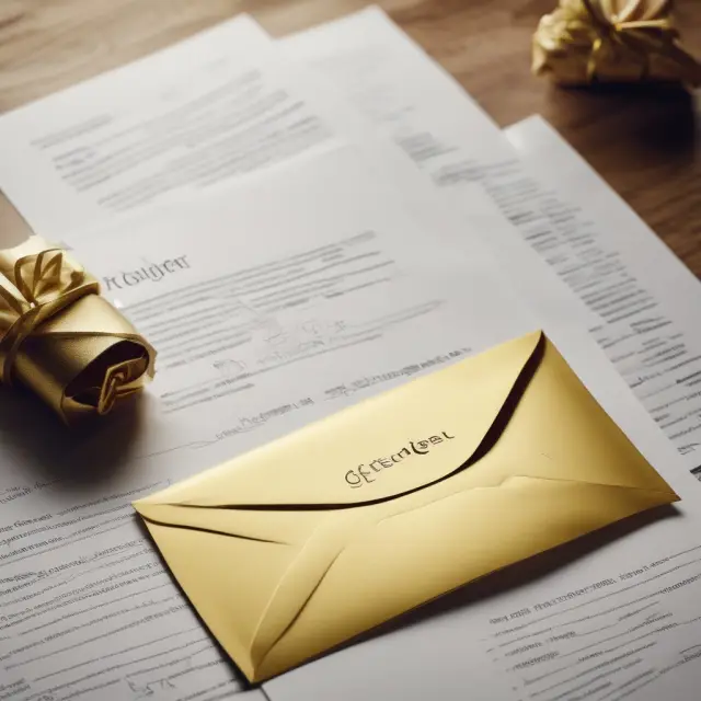Golden envelope with a gift letter floats between piles of mortgage documents, symbolizing the distinction between loan and gifted funds