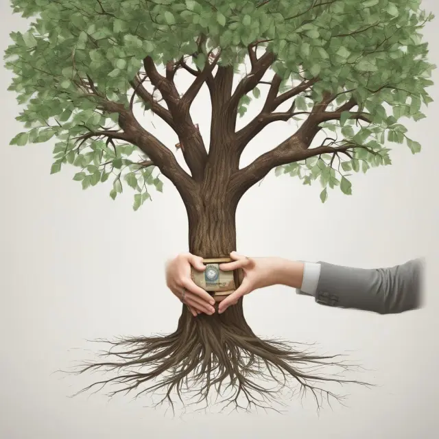 Image of a donor and recipient exchanging a signed gift letter as a tree grows roots between their hands, representing the legal process of gifting funds or assets