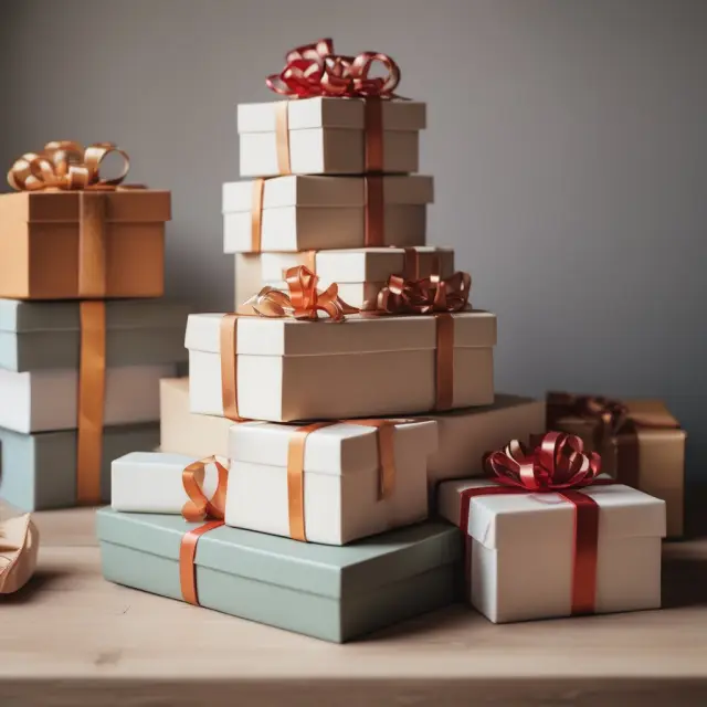 A table filled with stacked gift boxes and a scale to represent the gifting limits