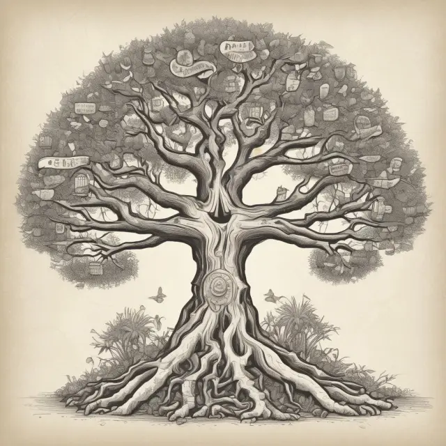 A wise old tree adorned with interconnected branches representing various gifts being passed down, symbolizing the tradition of giving with loyalty.