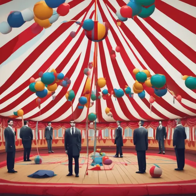Workers juggling projects in a colorful circus tent, representing the diverse opportunities and adaptability within the gig economy