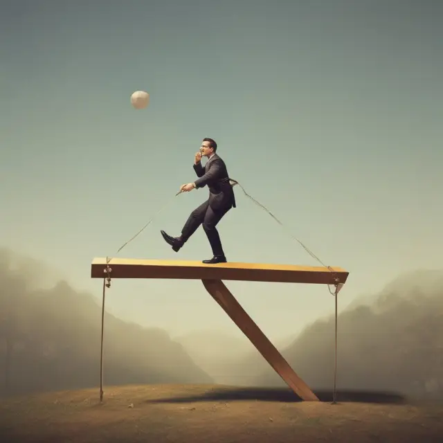 An investor on a seesaw, one end representing gilt-edged securities with predictable yields while the other end depicts interest rate volatility