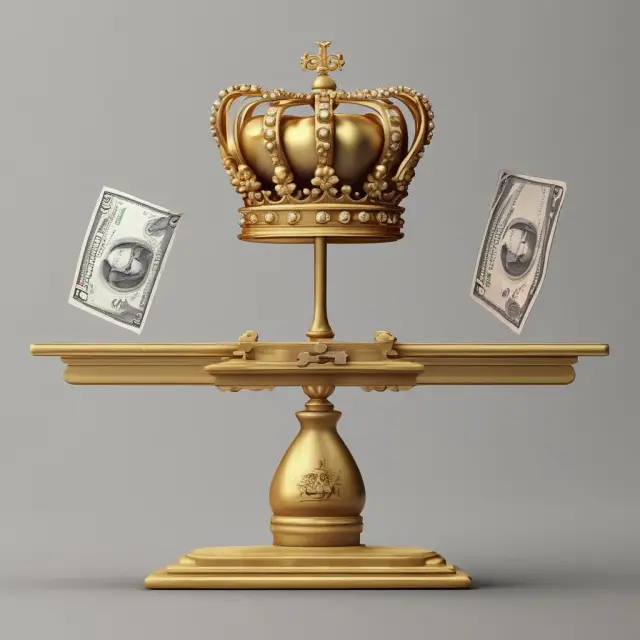 Golden gilt crown and US dollar on a seesaw, symbolizing the investment choices between gilt-edged securities and U.S. Treasury securities