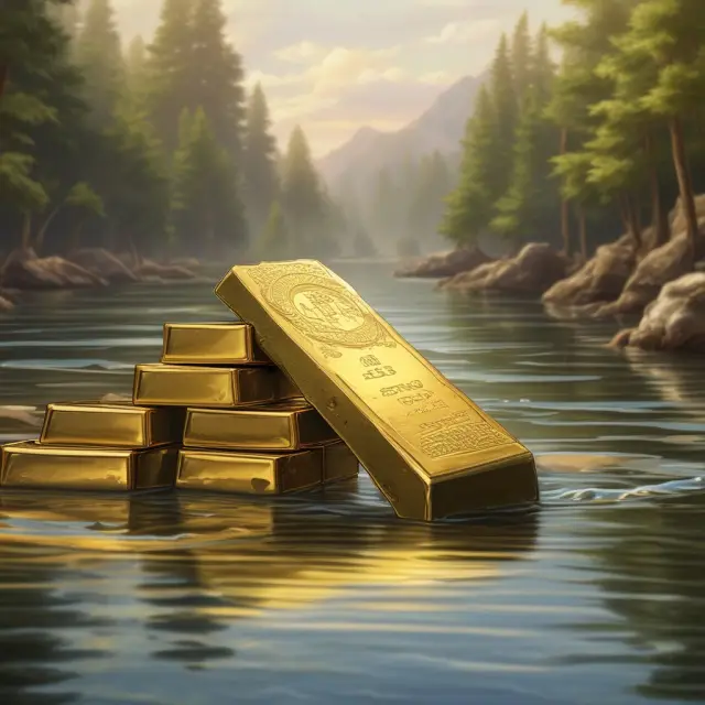 Gold bars representing gilt-edged securities flowing steadily in a river, illustrating their role as dependable investment options.
