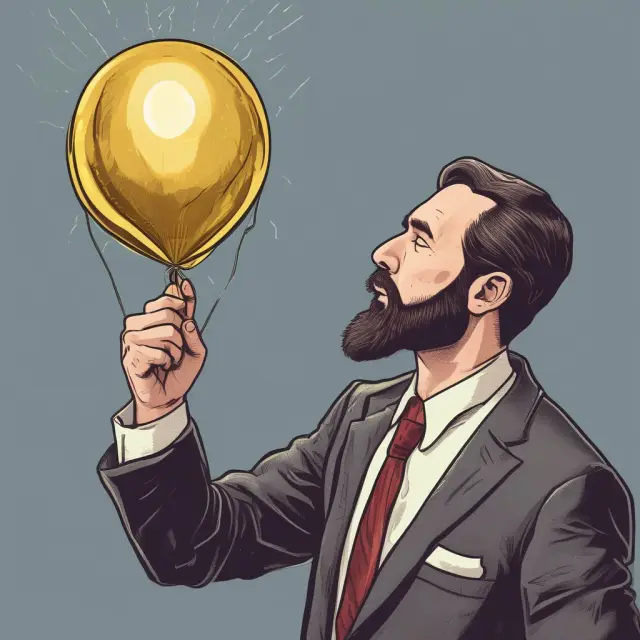 Image of an investor holding a gold coin that gradually inflates like a balloon, connected by a string to a floating index