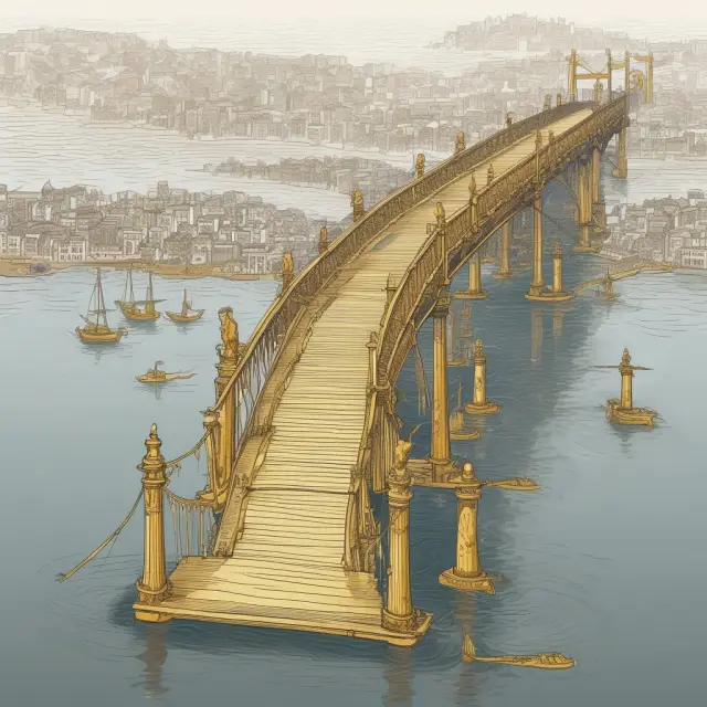 Image: A bridge spanning two bodies of water, one labeled 