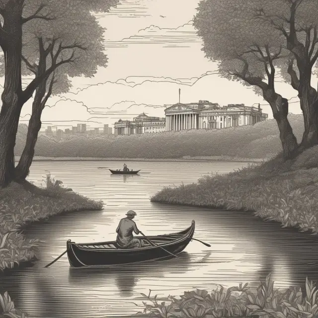 A tranquil river representing the gilt yield curve, with a Bank of England rowing boat maneuvering between curves symbolizing various maturities.