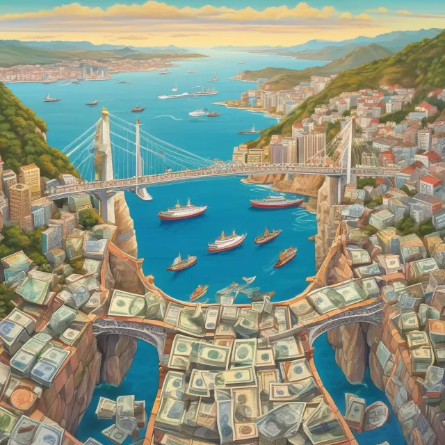 An image of a bridge connecting two lands representing Spain and England, with a river of Spanish reals and British pounds flowing between them, illustrating Gibraltar