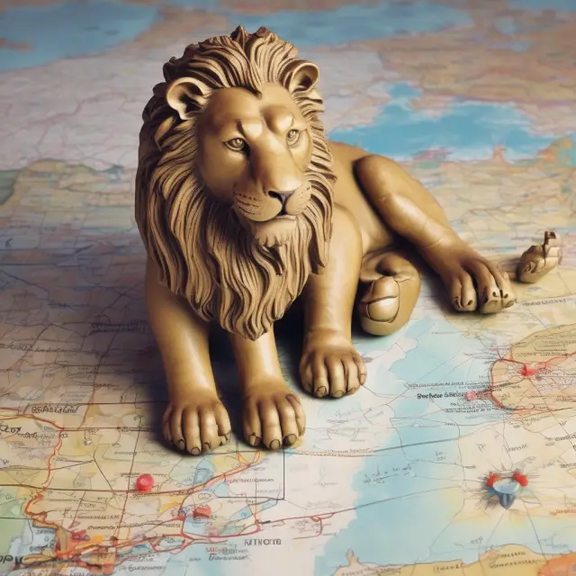 British lion representing Gibraltar on a map, with paws resting on financial services, online gaming, tourism, and navigation sectors.