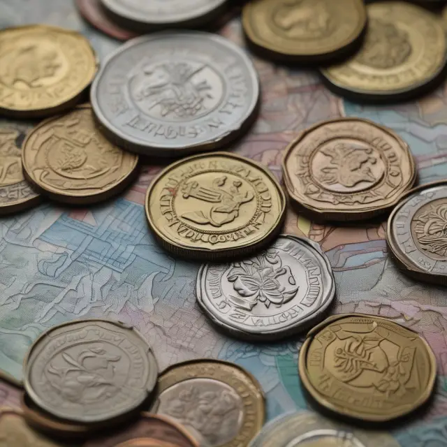 A visually appealing scene of Gibraltar pound coins, banknotes, and British pound sterling notes intermingled on a table, representing the exchange process between currencies in Gibraltar.