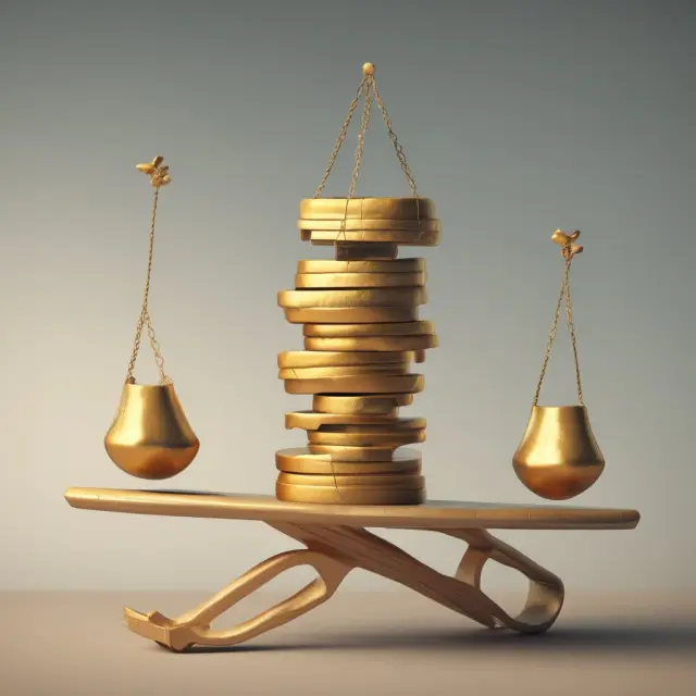 Golden scale on a seesaw weighing GIPS criticism and benefits. Critical eye symbolizes controversies, while the satisfied smile signifies advantages.