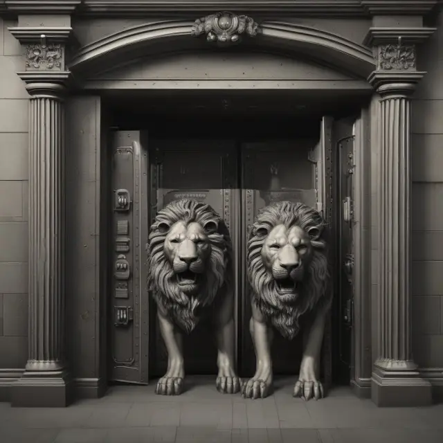 Two stone lions flanking a bank vault; Privacy Shield in one paw, key to Safeguards Rule in the other hand. Ensuring secure financial data protection.