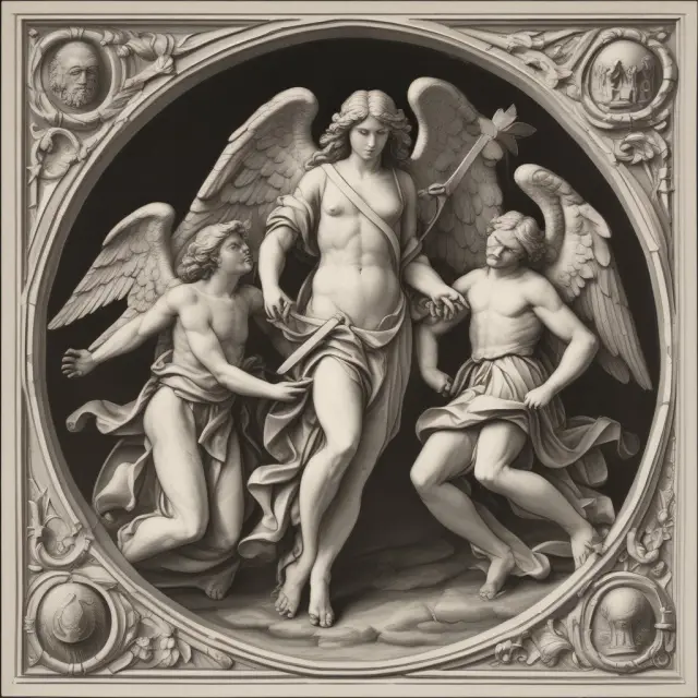 Angel protectively wards off masked figures attempting to deceive financial institution with false pretenses