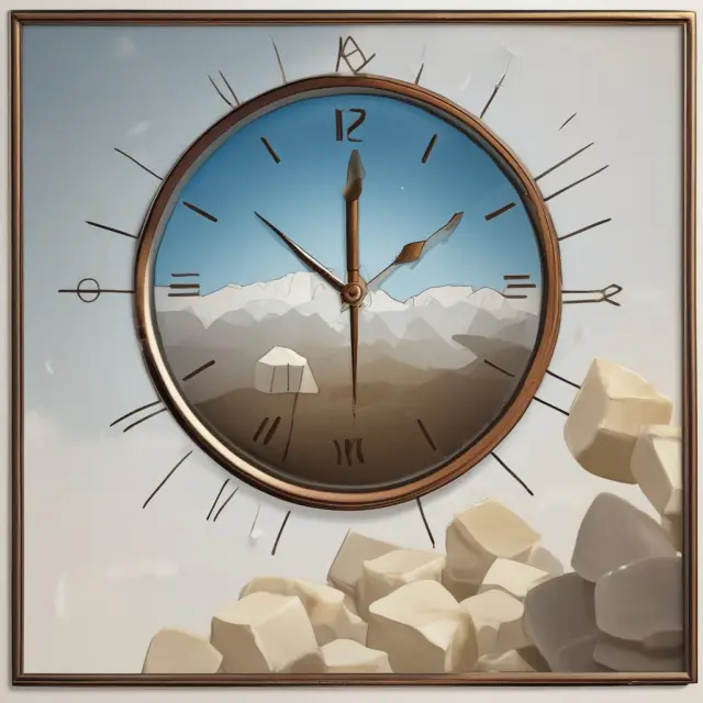 An antique clock with melting ice cubes symbolizing hours and an ever-shrinking equity pie chart illustrating the declining glide path investment strategy