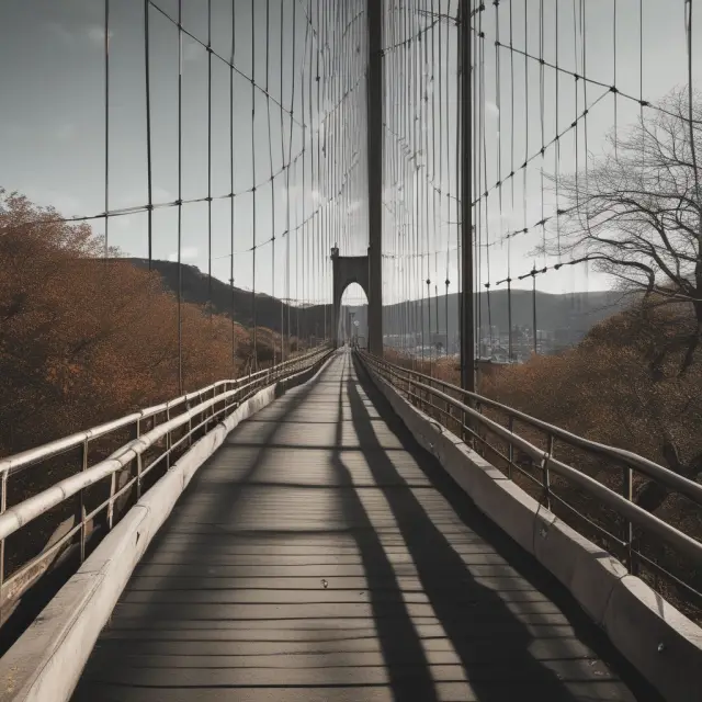 An imposing bridge with high investment thresholds represented as steep cliffs and fees symbolized by a toll collector blocking individuals from reaching global macro hedge funds