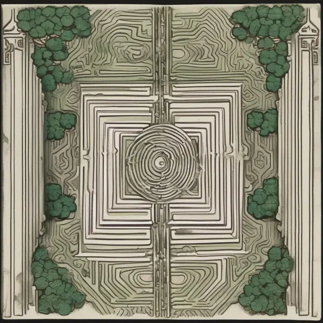 An intricate maze representing global macro hedge funds, filled with economic opportunities and guarded by Limited Partners