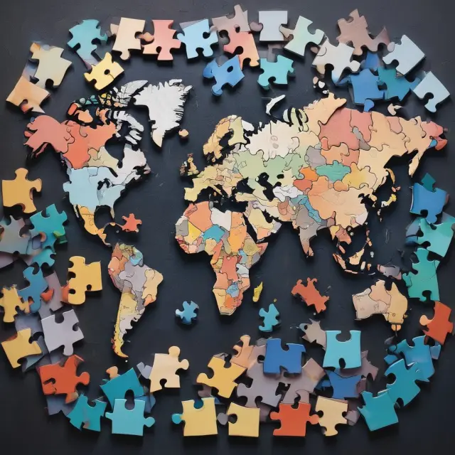 A tableau of interlinked puzzle pieces depicting various global economies during a synchronized economic downturn, symbolizing the historical global recessions since WWII