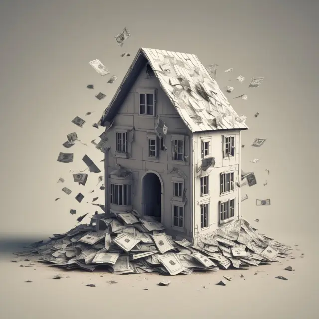 A visualization of the Great Recession as a collapsing house of cards with an explosive device at its foundation.