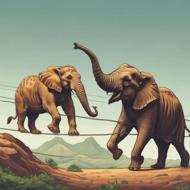 An elephant representing a stable, developed economy balancing gracefully on one foot, contrasted by a tightrope-walking tiger symbolizing an emerging market