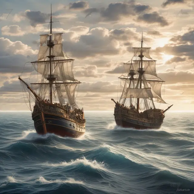 Three wise investors sailing on a tranquil sea with large-cap global equity funds represented by sails, seeking strong returns