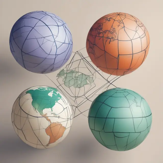 A visual representation of global equity fund strategies interconnected as four globes: market capitalization, sector-focused, geographic allocation, and thematic investing.