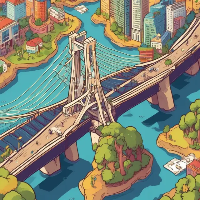 An iconic bridge connecting various countries, representing the interconnectedness and exchange between different cultures and economies through globalization.