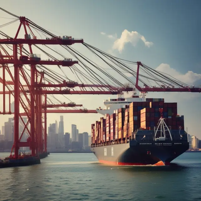 An MNC sailboat navigating global waters, passing through regions symbolizing lower labor costs and reduced tariffs, while reaching out to new consumer markets