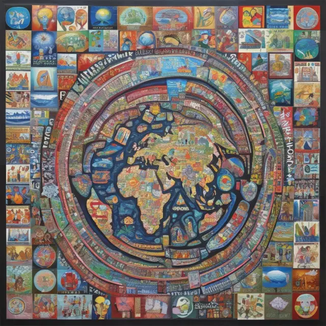 A colorful mosaic showcasing international organizations, intergovernmental policies, and legal changes shaping globalization