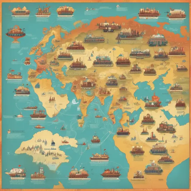 An image depicting various civilizations connected by ancient trade routes, with the evolution into modern global corporations