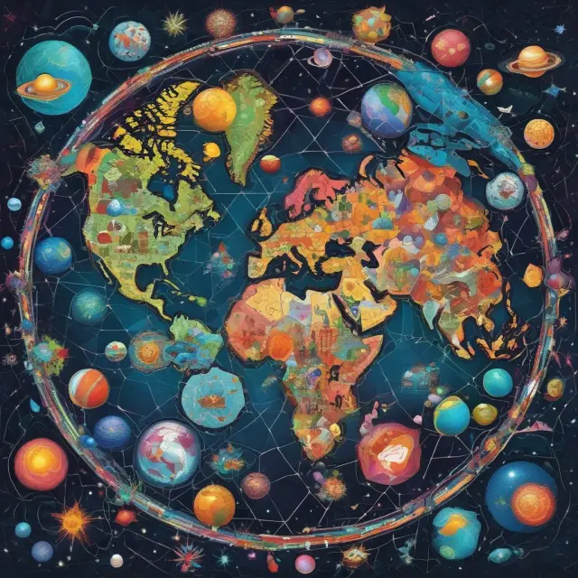 Mosaic of planets representing interconnected global economies in the process of growth