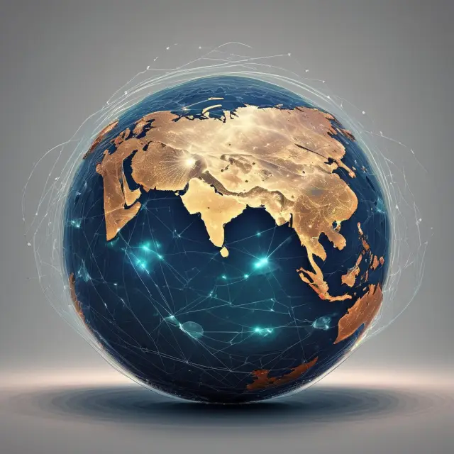 An interconnected globe with digital waves merging with trade routes, illustrating the ongoing digital transformation of global commerce.
