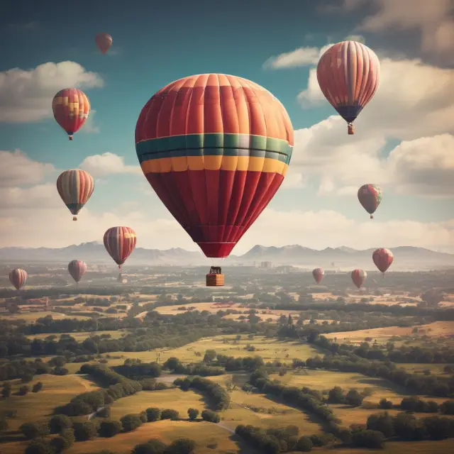 An investor riding a hot air balloon above diverse landscapes representing global economies, making decisions based on market trends