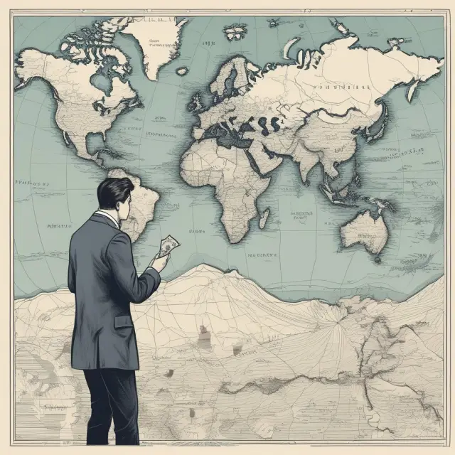 A global macro strategist examining trends on a world map, with currency flows symbolizing economic currents and market directions