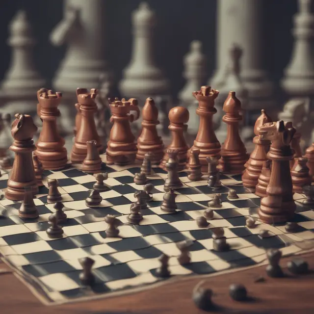 Fund managers strategizing around a chessboard, representing various global macro strategies. Bulls and bears engage in currency battles, while interest rate dice and stock index pieces are at stake