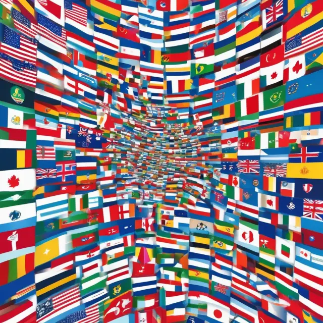 Image of a share certificate composed of interconnected flags representing diverse international markets united as one global security