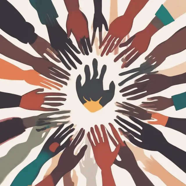 Hands from various cultures joining together around a table, representing global collaboration and respect for cultural differences.