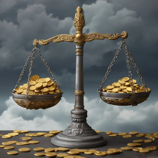 An ancient scale weighing investment choices: one side filled with golden coins representing GLWB benefits, the other side a storm cloud with silver coins symbolizing market risks